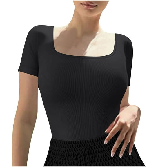 ZZwxWA Women's Square Neck Short Sleeve Bodysuit Slim Fit Sexy Body Suit Basic Jumpsuit Shirts Solid Color Pit Striped Womens Rompers