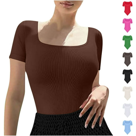 ZZwxWA Women's Square Neck Short Sleeve Bodysuit Slim Fit Sexy Body Suit Basic Jumpsuit Shirts Solid Color Pit Striped Womens Rompers