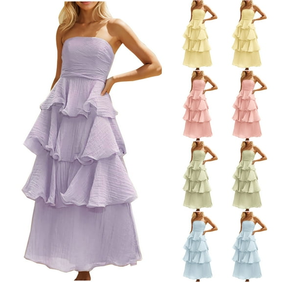 ZZwxWA Women's Strapless Ruffle Tiered Maxi Dress Summer Elegant Bodycon Backless Flowy Gown Formal Evening Dress Cocktail Party