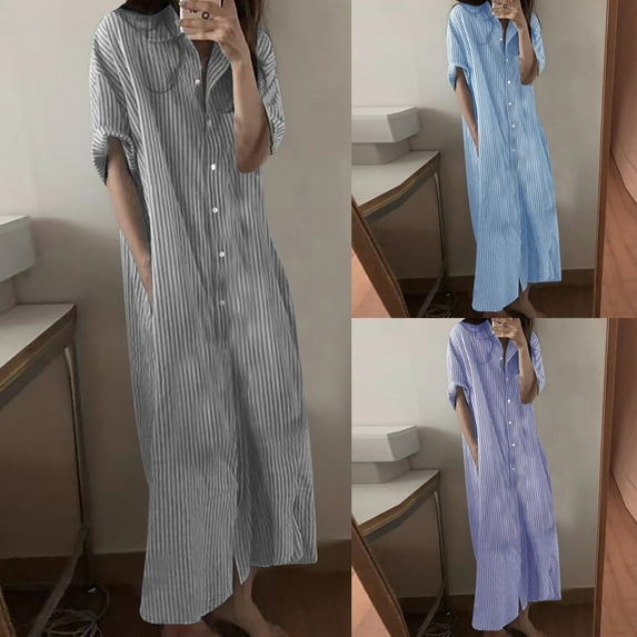 ZZwxWA Women's Summer Dress Button Down Short Sleeve Crewneck Maxi Dresses Striped Fashionable Soft High Waist Dress 2025