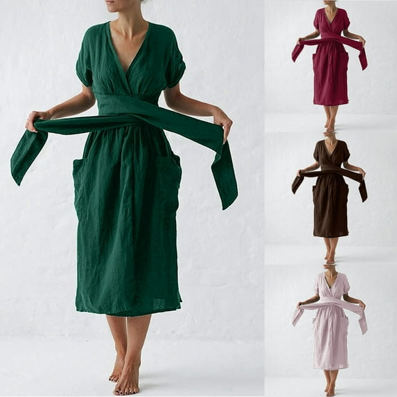 ZZwxWA Women's Summer Linen Open Front Midi Dress Casual Fixed Waistband Short Sleeve Wrap T Shirt Dresses with Pockets Solid Color