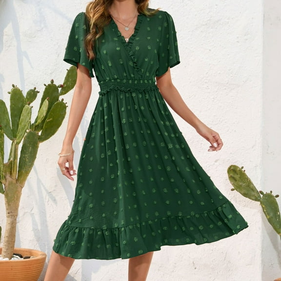 ZZwxWA Women's Summer Maxi Dress Casual Wrap V Neck Swiss Dot Dresses Ruffle High Waist Tiered Womens A-Line Dresses Cocktail Party