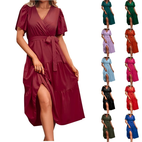 ZZwxWA Women's Summer Plus Size Dresses 2025 Tie Waist Casual V Neck Ruffle Short Sleeve Tiered Loose Midi Dress Sundress Holiday Beach Wear