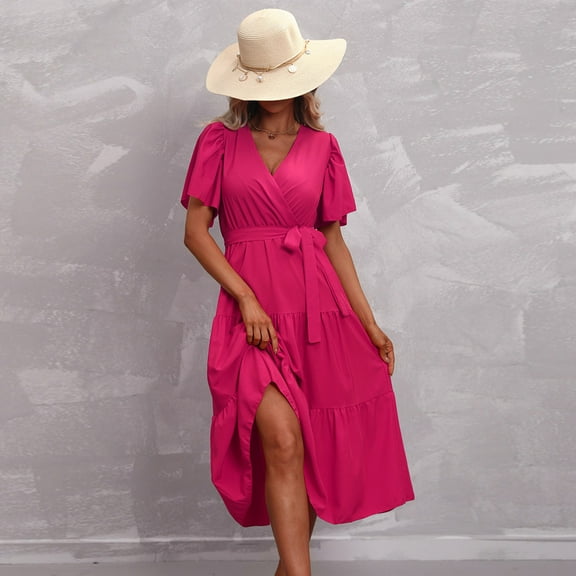 ZZwxWA Women's Summer Plus Size Dresses 2025 Tie Waist Casual V Neck Ruffle Short Sleeve Tiered Loose Midi Dress Sundress Holiday Beach Wear