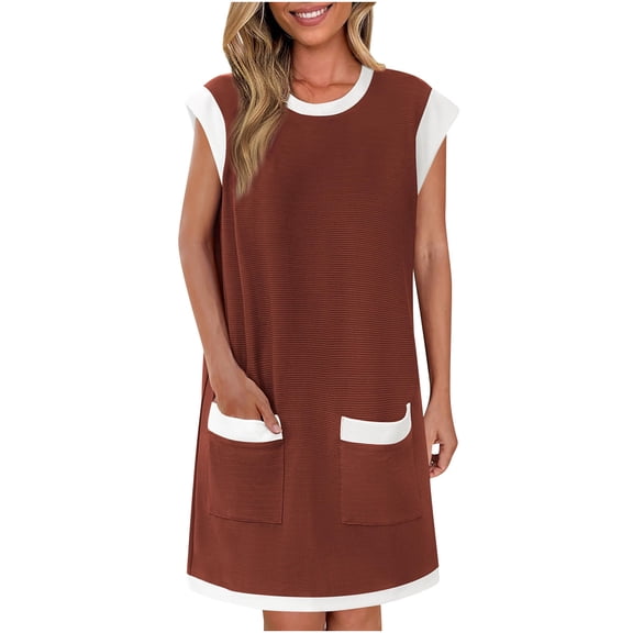 ZZwxWA Women's Summer Short Dresses 2025 Cap Sleeve Color Block Loose Ribbed Knit Trendy Cotton Mini Dress with Pockets Evening Cocktail Party