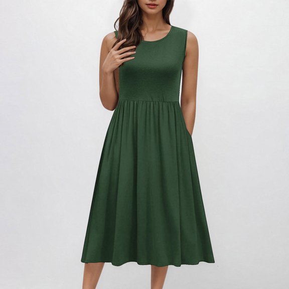 ZZwxWA Women's Summer Tank Midi Dress with Pockets Sleeveless A-Line Sundress Casual Floral T-Shirt Dress Flowy Beach Sundress Womens Solid Pleated Dresses