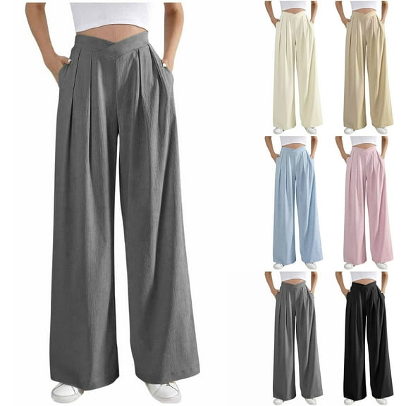 ZZwxWA Women's Summer Wide Leg Palazzo Pants Pleated High Waisted Work Pants Casual Business Loose Trousers with Pockets