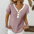 thumbnail image 1 of ZZwxWA Women's Tops Casual Crewneck Striped Knit Button Half Placket Short Sleeve T-Shirts Blouses V Neck Womens Pullover Tops, 1 of 6