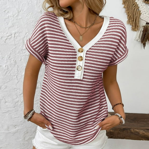 ZZwxWA Women's Tops Casual Crewneck Striped Knit Button Half Placket Short Sleeve T-Shirts Blouses V Neck Womens Pullover Tops