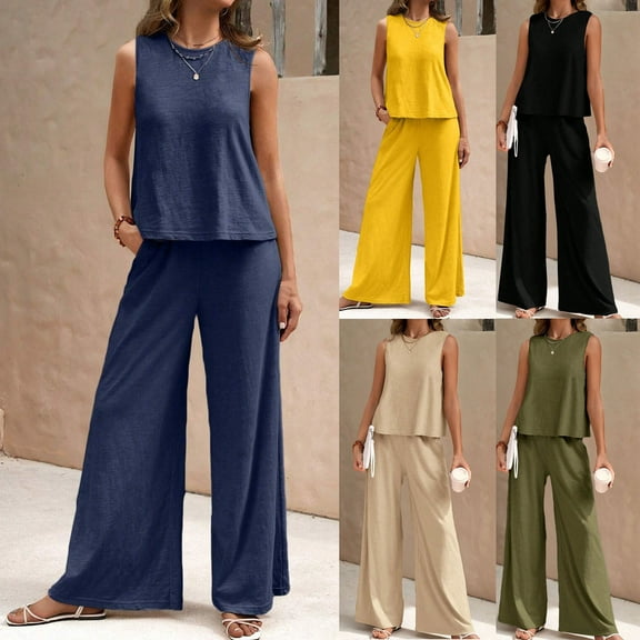 ZZwxWA Women's Two Piece Outfits Summer 2025 Solid Color Sleeveless Crew Neck Outfit Casual Wide Leg Pants Set with Pockets