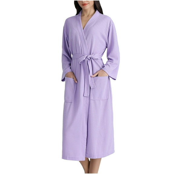 ZZwxWA Women's Waffle Robe Lightweight Bathrobe 3/4 Sleeve Kimono Robes with Belted Spa Robe