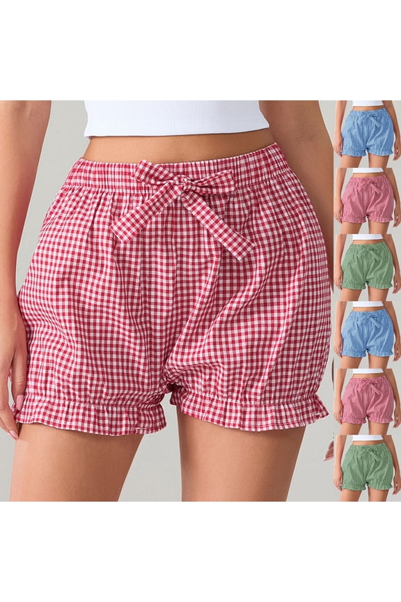 Women's Y2k Cute Gingham Shorts Smocked Paper Bag Shorts Plaid Wide Leg Ruffle Shorts