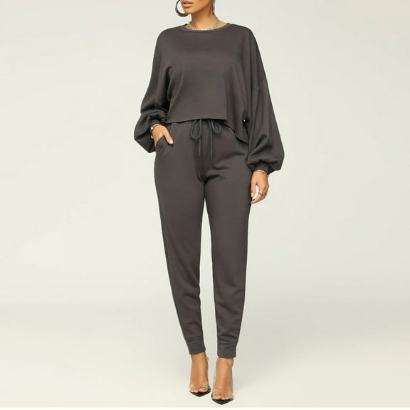 ZZwxWA Womens 2 Piece Outfits Lantern Sleeve Crewneck Crop Top Tapered Leg Jogger Pants Sets Sweatsuits for Women Sets Outfits Oversized