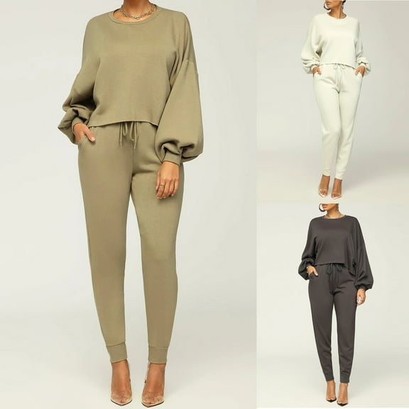 ZZwxWA Womens 2 Piece Outfits Lantern Sleeve Crewneck Crop Top Tapered Leg Jogger Pants Sets Sweatsuits for Women Sets Outfits Oversized