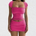 thumbnail image 1 of ZZwxWA Womens 2 Piece Outfits Sexy Square Neck Cap Sleeve Crop Tops and Low Waist Bodycon Mini Skirt Y2K Streetwear Ladies Workout Sets Solid Color, 1 of 5