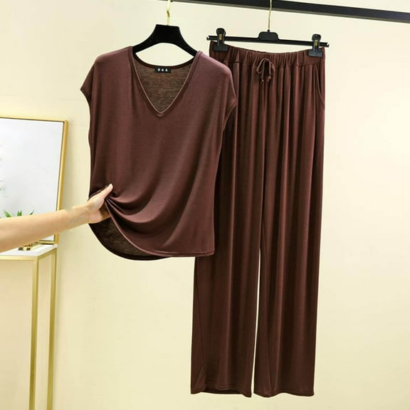 ZZwxWA Womens 2 Piece Outfits Summer Sloucthy Homewear Casual Cap Sleeve V Neck Tops with Flowy Palazzo Pants Pajama Sets