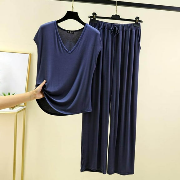 ZZwxWA Womens 2 Piece Outfits Summer Sloucthy Homewear Casual Cap Sleeve V Neck Tops with Flowy Palazzo Pants Pajama Sets