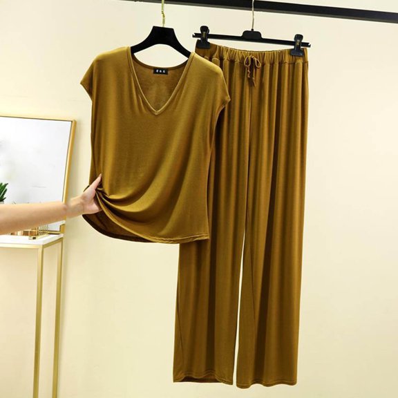 ZZwxWA Womens 2 Piece Outfits Summer Sloucthy Homewear Casual Cap Sleeve V Neck Tops with Flowy Palazzo Pants Pajama Sets