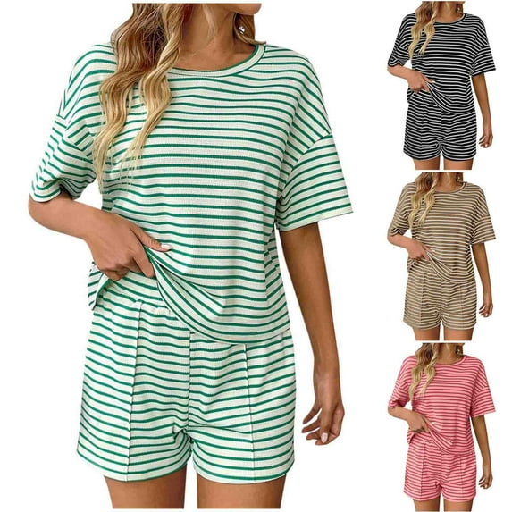 ZZwxWA Womens 2 Piece Striped Outfits Knitted Short Sleeve Crewneck Tops Soft Elastic Waisted Pull On Shorts Matching Sport Sets