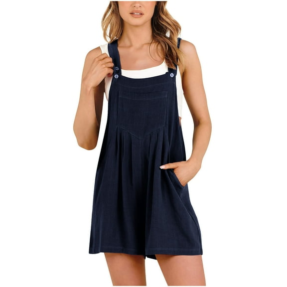 ZZwxWA Womens 2025 Pants Wide Leg Suspender Cold Shoulder Cotton Linen Flowy Strap with Pocket Holiday Beach Pleated Comfy Solid Rompers Loose Trousers Navy L