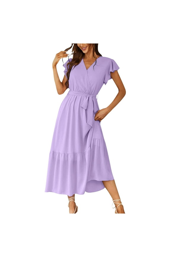Womens 2025 Floral Boho Dress Wrap V Neck Short Sleeve Belted Ruffle Hem A-Line Flowy Maxi Dresses Solid Formal Sundress Holiday Gift