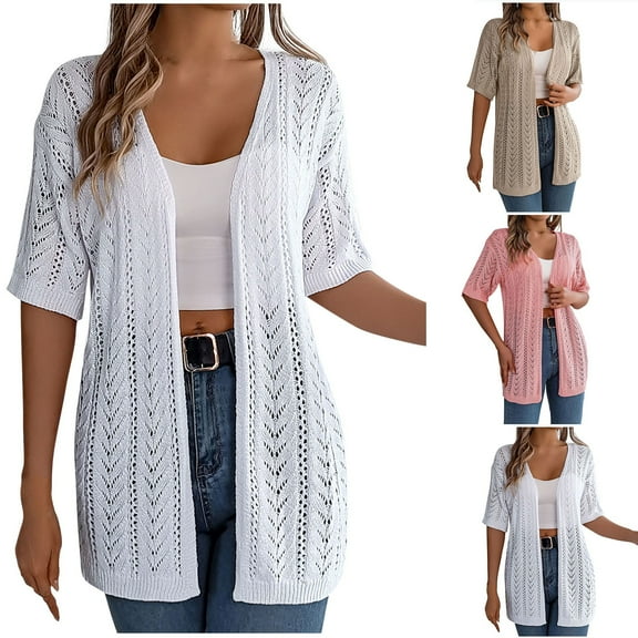 ZZwxWA Womens 2025 Summer Crochet Cardigan Lightweight Sweaters Short Sleeve Open Front Sun Protection Kimono Knit Cover Ups