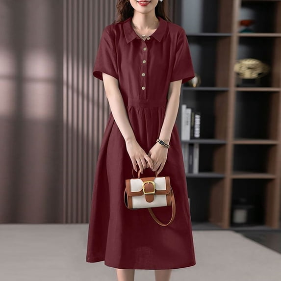 ZZwxWA Womens 2025 Summer Fall Short Sleeve Shirt Dress Button Down Lapel Solid Casual Midi Dresses Preppy Cotton Linen Dress