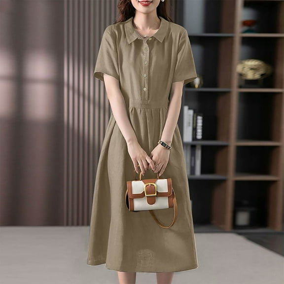 ZZwxWA Womens 2025 Summer Fall Short Sleeve Shirt Dress Button Down Lapel Solid Casual Midi Dresses Preppy Cotton Linen Dress