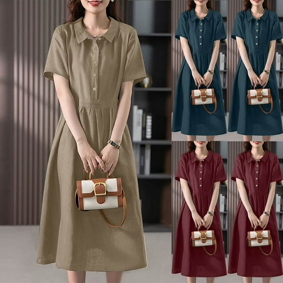 ZZwxWA Womens 2025 Summer Fall Short Sleeve Shirt Dress Button Down Lapel Solid Casual Midi Dresses Preppy Cotton Linen Dress