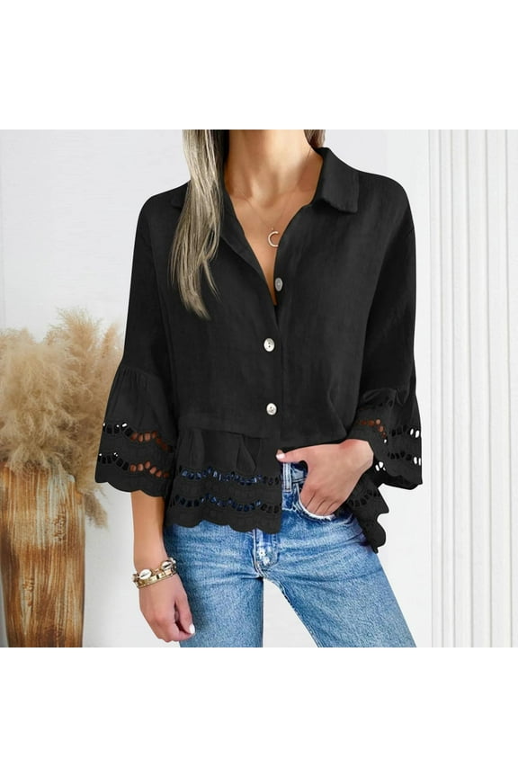 Womens 3/4 Bell Sleeve Button Down Shirts Casual Ruffle Hem Tops Eyelet Blouse Hollow Out Solid Color Ladies Tops