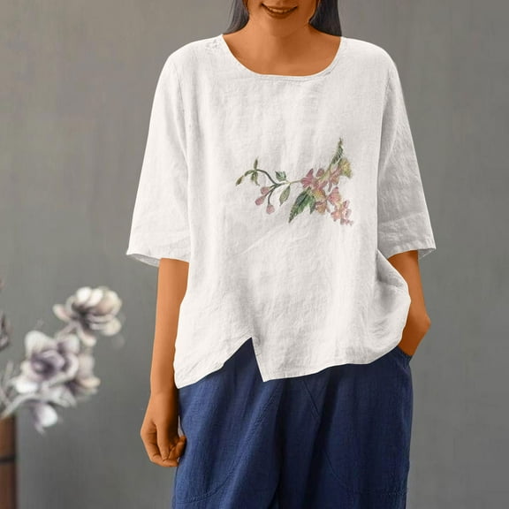 ZZwxWA Womens 3/4 Sleeve Linen Shirts Lace Embroidery Tops Petite Length Summer Spring Elegant Casual Trendy Blouse