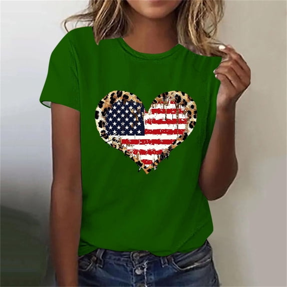 ZZwxWA Womens Tops Dressy Casual Short Sleeve Crewneck 4th of July Heart Shape Print Summer Shirts Independence Day Plus Size Lightweight Fashion Graphics Pullover Blouses