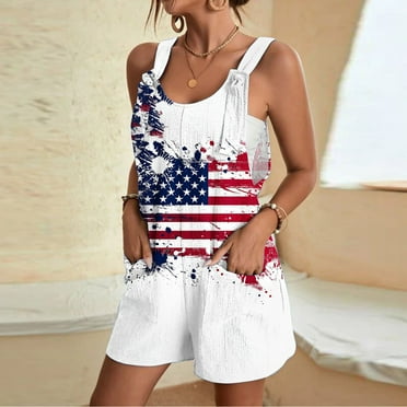 ZZwxWA Womens 4th of July Rompers American Flag Short Jumpsuits Overalls Casual Suspenders Jumpsuit with Pockets