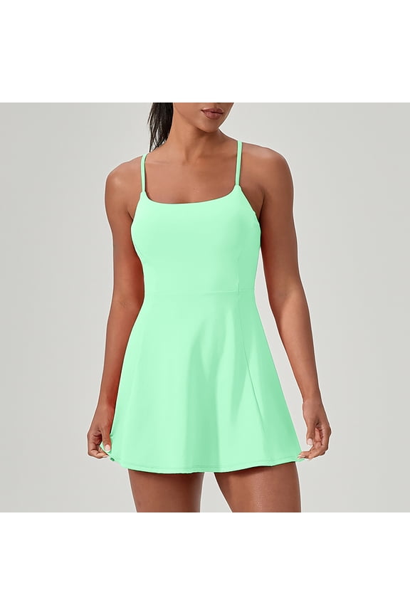 Womens Athletic Dress Sleeveless Built-in Bra and Shorts with Pockets Exercise Tennis Dress Women's Naked Quick Drying Sports Dress Running Short Skirt