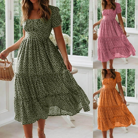 ZZwxWA Womens Black Polka Dot Midi Dress with Square Neck Puff Sleeves Flowy Casual Loose Tiered A Line for Summer Fall