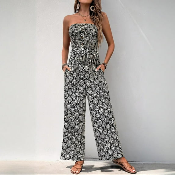 ZZwxWA Womens Bohemian Strapless Geometric Print Jumpsuit Wide Leg with Tie Waist for Summer 2025 Belly Control Pleated Petite Rompers for Women