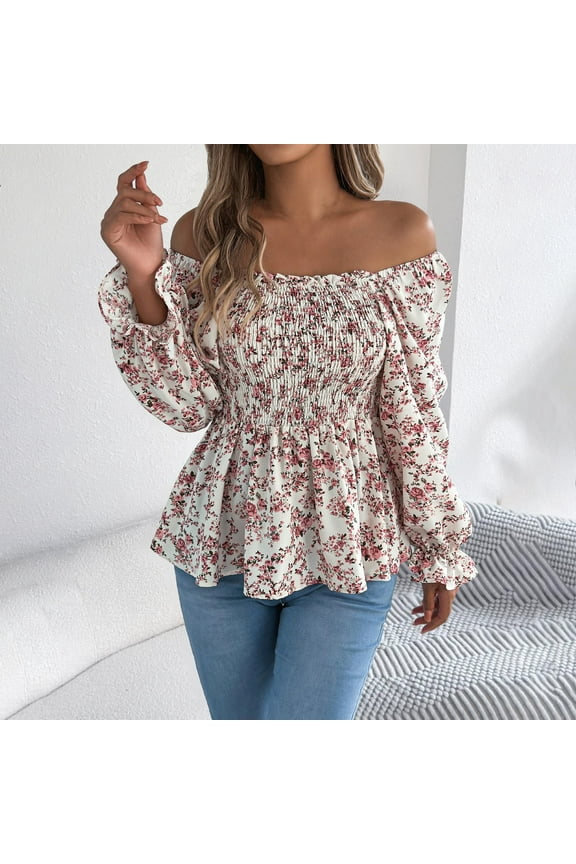 Womens Boho Floral Printed Beach Tops Smocked Square Neck Lantern Sleeve Summer Loose Going Out Peplum Shirts