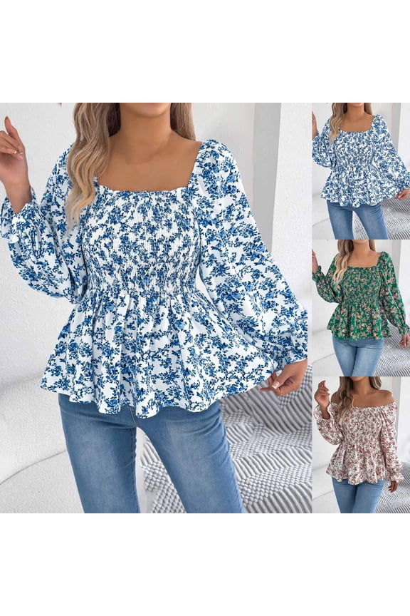 Womens Boho Floral Printed Beach Tops Smocked Square Neck Lantern Sleeve Summer Loose Going Out Peplum Shirts