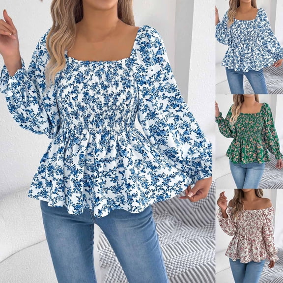 ZZwxWA Womens Boho Floral Printed Beach Tops Smocked Square Neck Lantern Sleeve Summer Loose Going Out Peplum Shirts