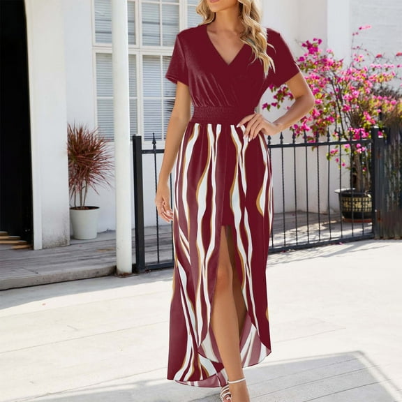 ZZwxWA Womens Boho Patchwork Maxi Dress Flowy Casual V Neck Short Sleeve Smocked Waist Split Jumpsuits for Women Dressy