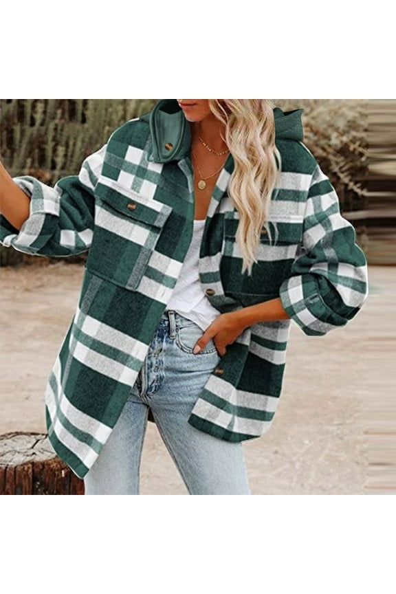 Womens Brushed Flannel Shacket Jacket Plaid Shirt Fall Winter Long Sleeve Cardigan Wool Blend Button Down Pocket Coat