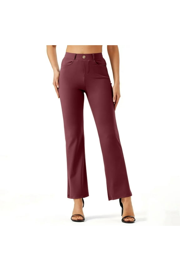 Womens Business Work Pants with Pockets Stretchy Straight Leg Solid Pants High Waist Office Slacks Trousers
