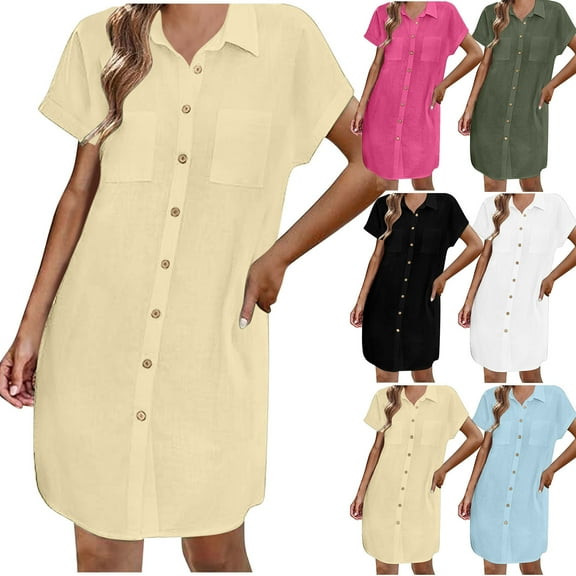 ZZwxWA Womens Button Down Shirt Dress Summer Cotton Linen Dress V-Neck Mini Dress Casual Short Sleeve Loose Tunic Dresses