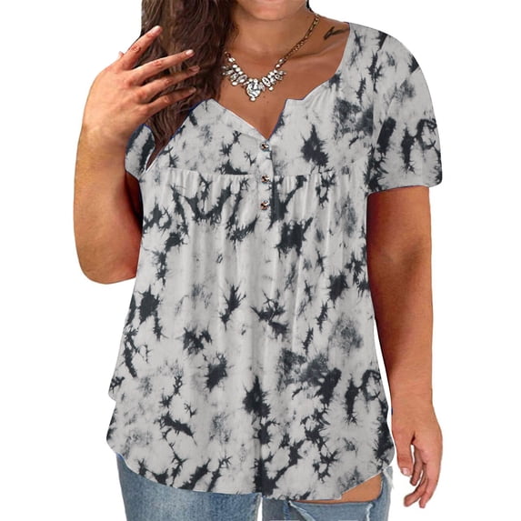 ZZwxWA Womens Button V Neck Short Sleeve Tops Tie Dye Print Plus Size Trendy Raglan Blouse Women's Flutter Hem T-Shirt