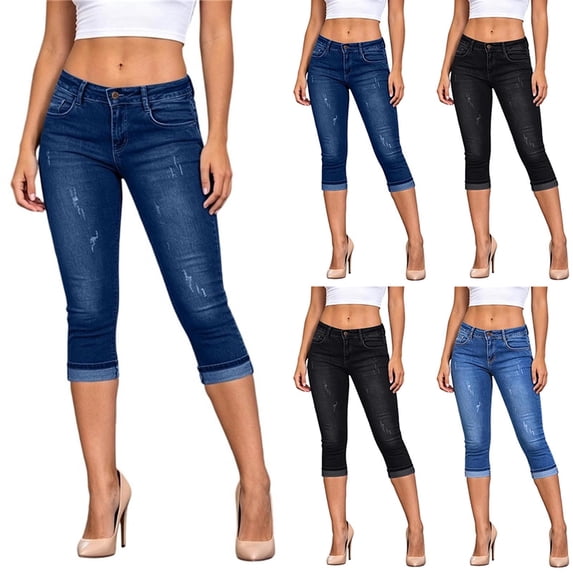 ZZwxWA Womens Capri Jeans Mid Rise Stretch Distressed Denim Pants Cuffed Skinny Stretchy Jean Cropped Trousers with Pockets