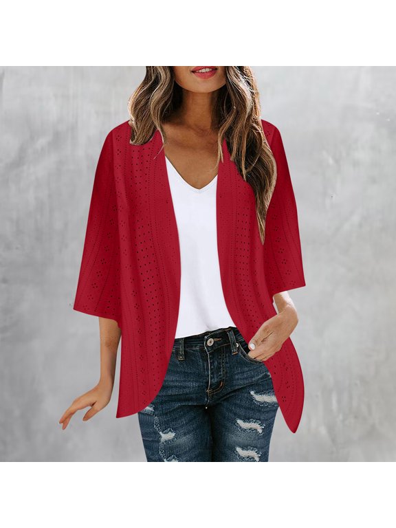 Womens Cardigans Lightweight Casual Eyelet Open Front Solid Color Fall Vacation Cover ups Dressy Jacket Outwear