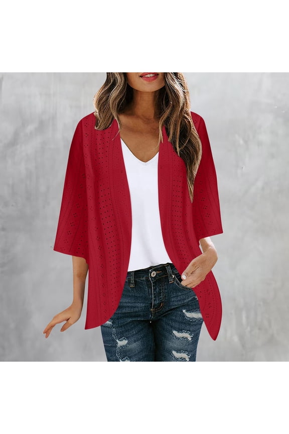 Womens Cardigans Lightweight Casual Eyelet Open Front Solid Color Fall Vacation Cover ups Dressy Jacket Outwear