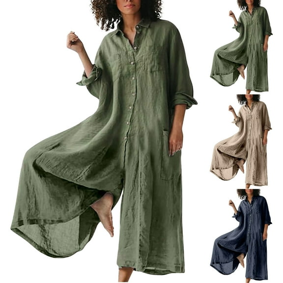 ZZwxWA Womens Casual Button Down Shirt Wide Leg Cotton Linen Jumpsuits Long Sleeve Palazzo Baggy Rompers One Piece Outfits