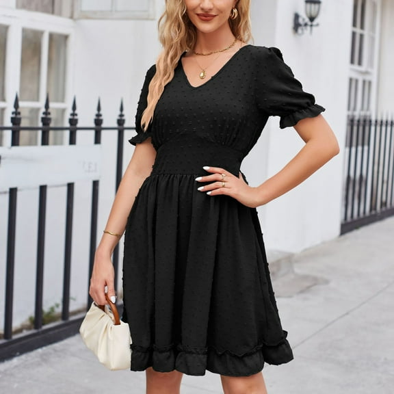 ZZwxWA Womens Casual Loose Summer Sundress Swiss Dot Puffy Short Dress Empire Waist Ruffle Puff Sleeve Semi-Formal Dresses Cocktail Party