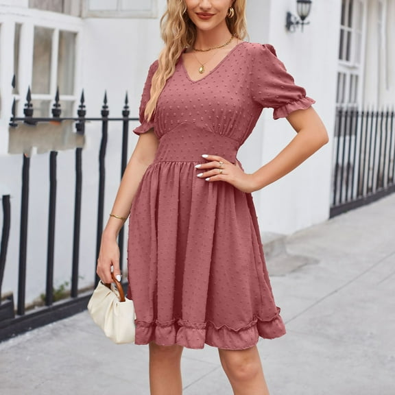 ZZwxWA Womens Casual Loose Summer Sundress Swiss Dot Puffy Short Dress Empire Waist Ruffle Puff Sleeve Semi-Formal Dresses Cocktail Party